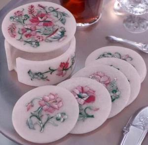 4 Zoll Luxus Weißer Marmor Untersetzer Set mit Rosa MOP Blumenmuster Esstisch Dez - Bild 1 von 8