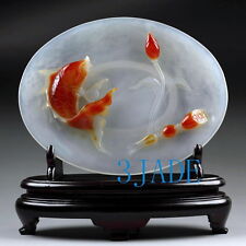 Carnelian / Red Agate Lotus Koi Fish Plate Carving / Sculpture