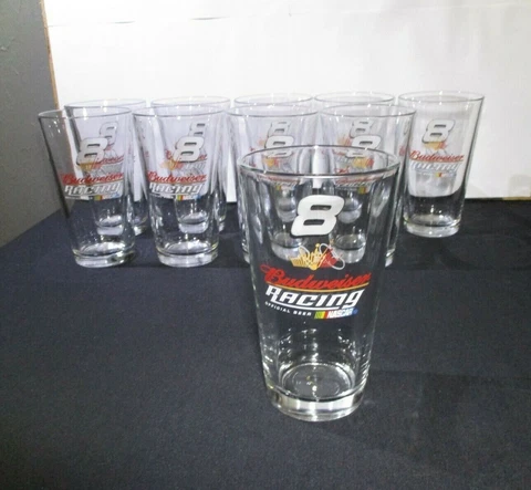 Lot of 10, Dale Earnhardt Jr NASCAR #8 Budweiser Racing, Pint Beer Glasses Glass Cover