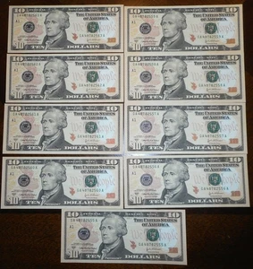 2004 A $10 Federal Reserve Notes CRISP UNC, Sequential, Early BIG HEADS. - Picture 1 of 2