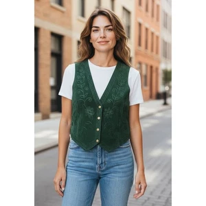 Chaleco navideño vintage de cuero genuino verde - Imagen 1 de 6