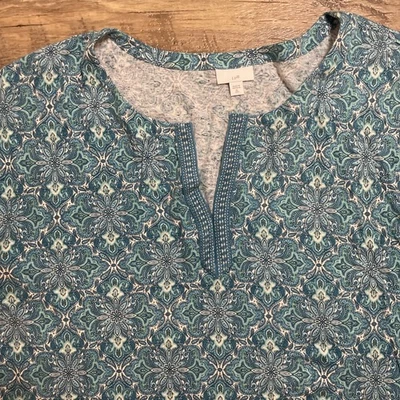 J. Jill Teal Pattern Short Sleeve Tunic Top Linen Viscose Rayon XL Tall - Image 1 of 4