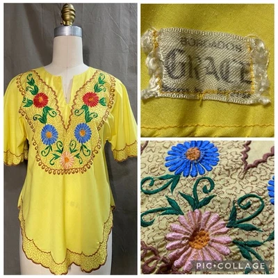 Blusa Vintage Años 70 Mexicana Amarilla Boho Hippy Floral Bordada Talla XS - S Foto 1 de 4