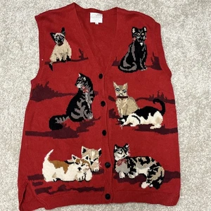 Suéter rojo vintage Y2K Susan Bristol bordado a mano chaleco gato talla grande - Imagen 1 de 10