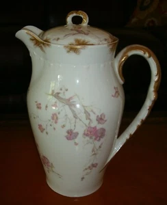 ANTIQUE LIMOGES D&Co CHOCOLATE COFFEE TEA POT, PITCHER, PINK FLOWERS, 10" - Picture 1 of 12