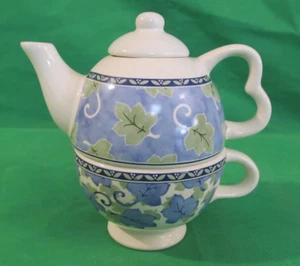 Pfaltzgraff Tea for One Pot Service Cup Lid Leaves Blue Green White 6.5" - Picture 1 of 15