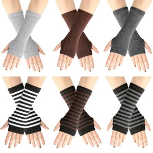 Damen Gestreifte Lange Handschuhe Handgelenk Arm Handwärmer Fäustlinge Winter Fingerlos Handschuhe ☾ - Bild 1 von 36
