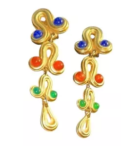 Vintage BLANCA Signed 80s Matte Gold Etruscan Multi Colored Earrings - Picture 1 of 4