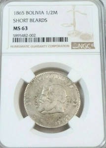 1865 BOLIVIA SILVER 1/2 MELGAREJO SHORT BEARDS NGC MS 63 RARE TOP POP 1 - Picture 1 of 6