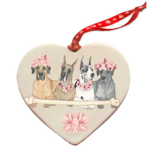 Great Dane Porcelain Floral Heart Ornament Double-sided - Picture 1 of 2