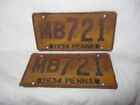 Pair Set of (2) Vintage 1934 Pennsylvania License Plates #MB721