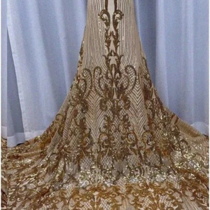 Golden French Net Sequins Lace Fabric - 3Yard Nigerian Tull - Picture 1 of 7