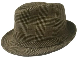 Mens Fedora Hat Brown Plaid Center Dent Crown Small 21.5 inches Cotton - Picture 1 of 7