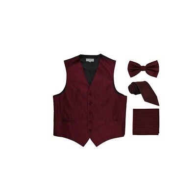 New Men's Tuxedo Vest Vertical Stripes Necktie, Bowtie & Hankie set Burgundy - Image 1 of 4