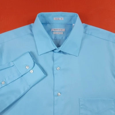 Camisa Van Heusen Para Hombre Lux Satén Abotonada Manga Larga Azul Aqua Talla 16-34/35 Foto 1 de 4