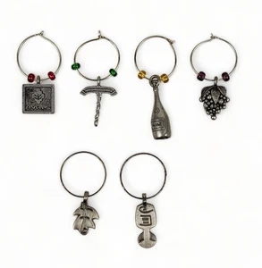 Wine Glass Charms Drink Beverage Markers Set of 6 Grapes Corkscrew Bottle Leaf - Picture 1 of 6