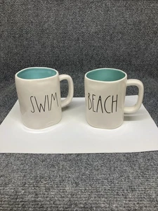 New Rae Dunn By Magenta SWIM and BEACH Mugs W/ Teal Blue Interior - Picture 1 of 6