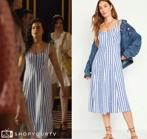 Vestido midi a rayas costeras calce y acampanado mezcla de lino azul marino antiguo para mujer L ASO NUEVO SIN ETIQUETAS - Imagen 1 de 9