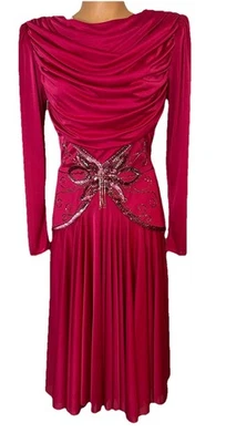 Vtg 80s Abby Kent Dress Fuschia Pink Party Dress Beads Sequins USA  Ruching Sz 8 - Image 1 of 4