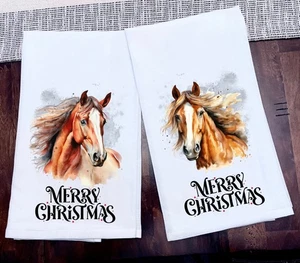 Frohe Weihnachten Pferde Küchentücher Tinte auf 100% Baumwolle 28x28 Neu 2er Set Neu - Bild 1 von 1