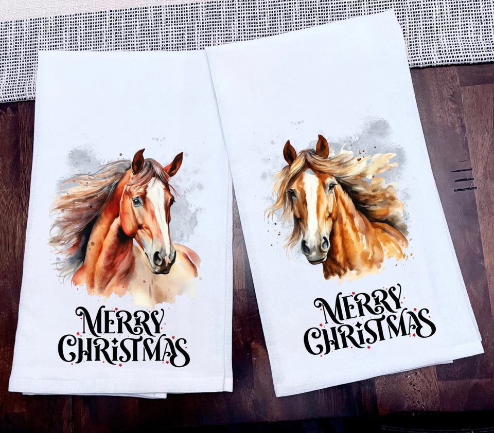 Feliz Navidad Caballos Toallas de Cocina Tinta 100% Algodón 28x28 Nuevo Juego de 2 Nuevas Foto 1 de 1