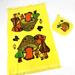 Toalla de mano de cocina de setas de colección y almohadilla caliente retro años 60 70 cañón amarillo ¡BONITO! - Imagen 1 de 9