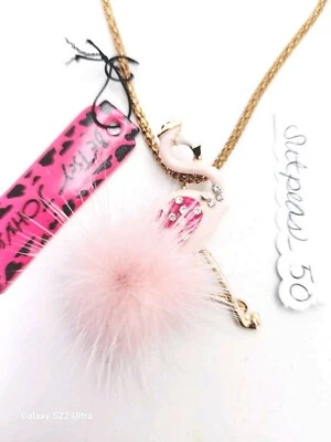 Betsey Johnson PINK Feather + Crystal Adorned FLAMINGO Gold Pendant NECKLACE NWT - Image 1 of 4