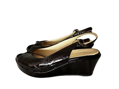 Taryn Rose Sz7M Rose Brown Slingback Platform Wedg Heels Patent Leather Open Toe - Image 1 of 4