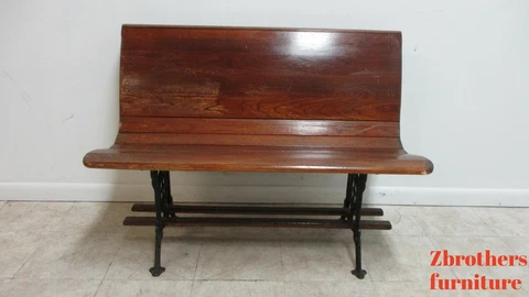 Antique Bench Settee Victorian Cast Iron Oak Church Pew Railroad Gothic  42" D Cover