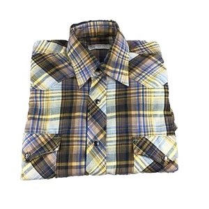 Wrangler Vtg Men Multicolor Plaid Metallic GoldStrip Pearl Snap Shirt Sz 14.5/32 - Picture 1 of 15