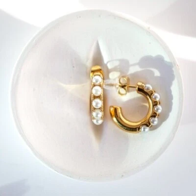 Pretty Pearl Huggies Lightweight Waterproof Pearl Hoop Earrings for Everyday Use - Image 1 of 4