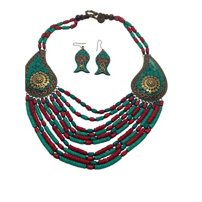 Red Turquoise Resin Bead Brass Necklace Fish Dangle Earrings Tribal Ethnic 20" - Image 1 of 4