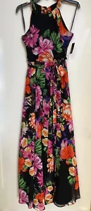 NWT Chiffon Halter Maxi INC Black Floral Print Dress Sz 4 $159 - Picture 1 of 8