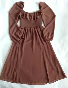 Aritzia Wilfred Brown Chiffon Square Neck Smocked Flare Midi Dress Slit Size XS - Picture 1 of 8
