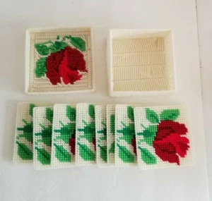 Plastic Canvas Coaster Set of 8 Matching Box and Lid Red Roses Handmade - Picture 1 of 9
