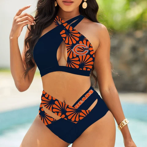 Chicago Bears 2PC Women Crisscross Bikini Set High Waist Swimsuit Beach Swimwear Cover