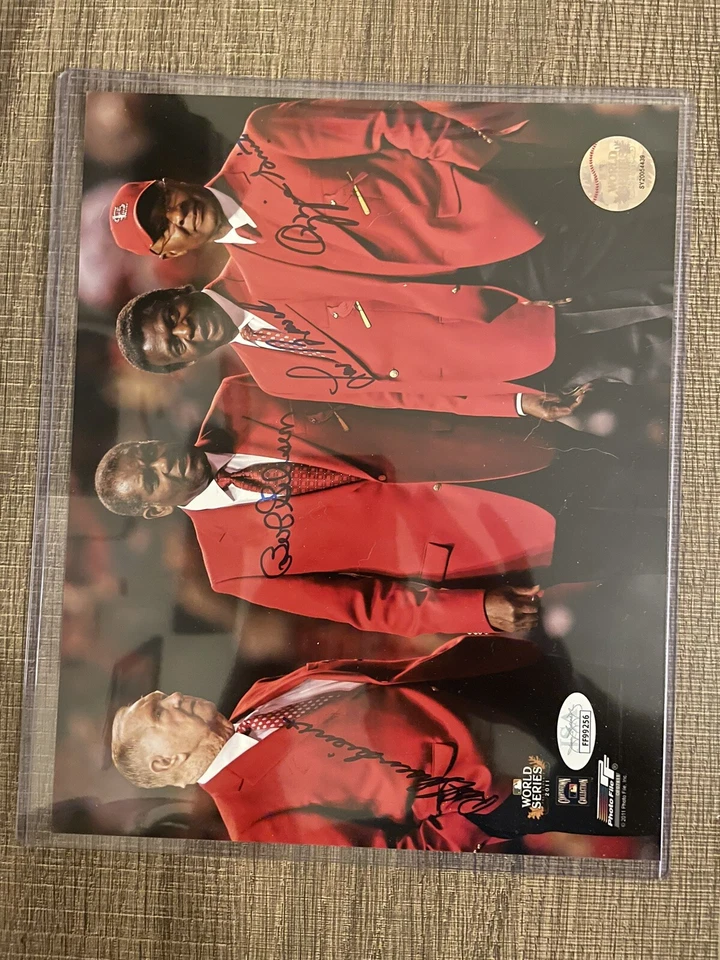 St. Louis Cardinals Red Jackets Signed 8x10 Photo 4 HOFs Gibson Brock +2 JSA COA - Image 1 of 1