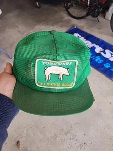 Vtg Yorkshire Pig Sow Patch Full All Mesh Cap Trucker Hat K-Products USA Farm - Picture 1 of 11