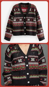 Ex Next Ladies Black Christmas Patterned Button Up Cardigan Sizes 6-26 - Picture 1 of 7