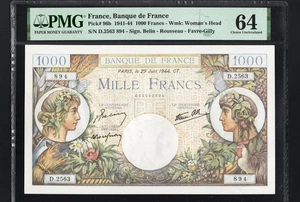 France 1000 Francs P96b 1944 PMG64 Choice UNC Beautiful French LARGE BANKNOTE - Picture 1 of 2