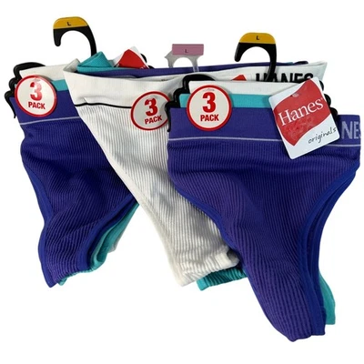 9 Pairs Hanes Originals Womens Cotton Thong Underwear L Purple White Teal Ribbed - Image 1 of 4