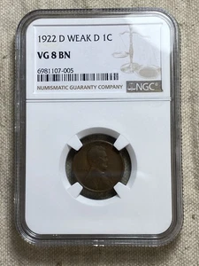 1922 D LINCOLN WHEAT CENT NGC VG8 BN WEAK D NICE COIN - Picture 1 of 8