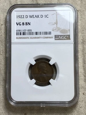 1922 D LINCOLN WHEAT CENT NGC VG8 BN WEAK D NICE COIN - Image 1 of 4