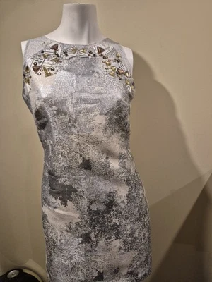 Vestido Phoebe Couture Gris Metálico Plateado Sin Mangas Adornado Cuello Talla 6 Usado en Excelente Condición Foto 1 de 4