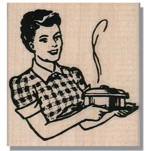 Sello de goma de madera, años 50, retro dama cocinando, comida, cocinera, mamá, feliz, mujer, olla Foto 1 de 2