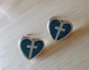Sterling Silver TINY 7x7mm Turquoise chip inlay Heart with Cross Stud Earrings - Picture 1 of 3