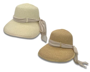 Women's Asymmetrical Wide Brim Summer Floppy Beach Straw Hat With Ribbon - Picture 1 of 18
