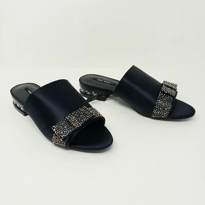 Zara Womens EU 35 US 5 Basic Navy Blue Satin Slides Sandals Rhinestone Heels New - Image 1 of 4
