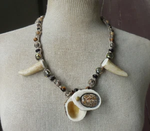 Antler Stash Pill Box Adjustable Hemp Necklace w/ Leopard Skin Jasper Tigers Eye - Picture 1 of 12