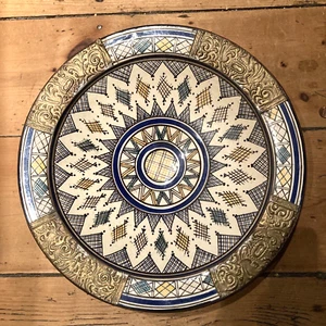 Vintage Moroccan - Moorish Hand Painted Clay Bowl/Dish w/ Brass Embellishment - Picture 1 of 14